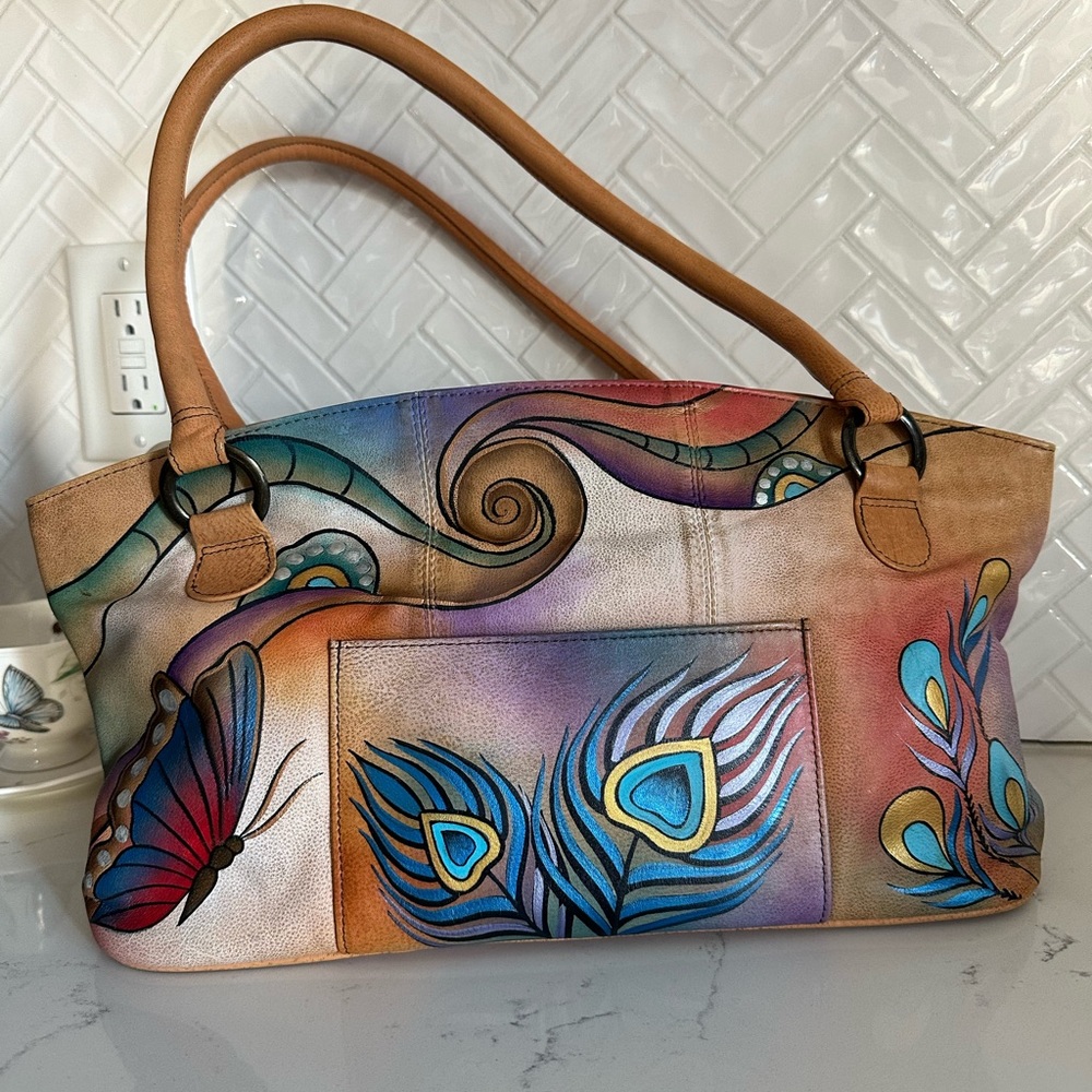 Genuine Anuschka Hand Painted Leather Tan Tote Bag